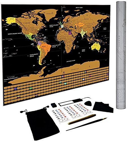 FREELOGICS Scratch Off World Map Poster - US States and Country Flags,
Detailed Adventure Travel Tracker, Perfect Gift for Travellers, Deluxe
33"x24" Black and Gold with Bonus Accessories