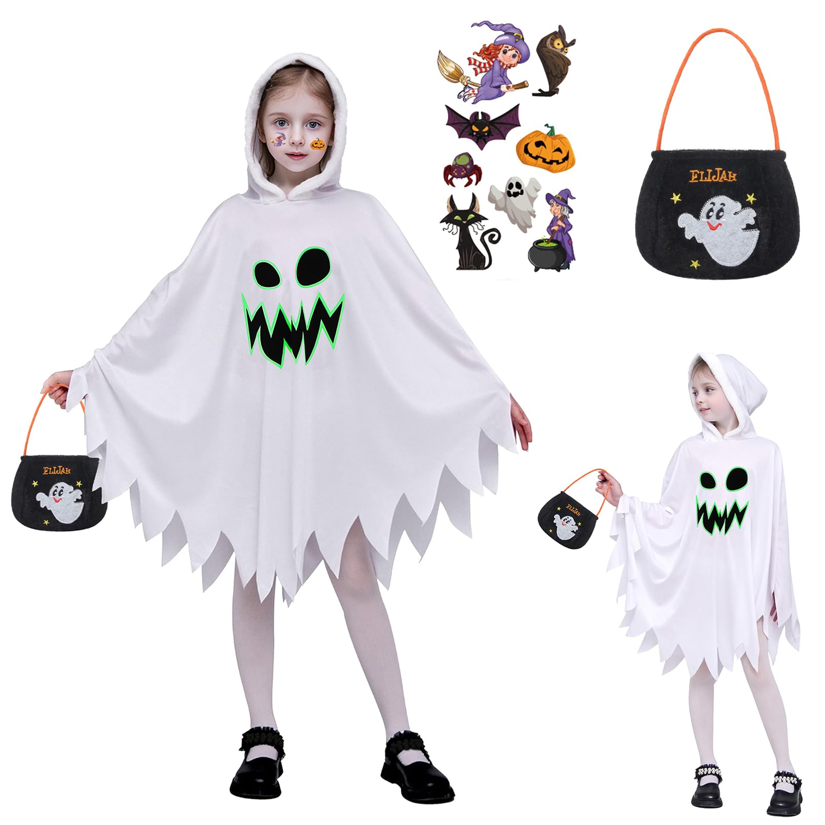 EOZY Kids White Scary Ghost Cloak Costumes Halloween Ghost Face Costume Girls Children Cosplay Dress Up Frightening Ghost Costume with Bag