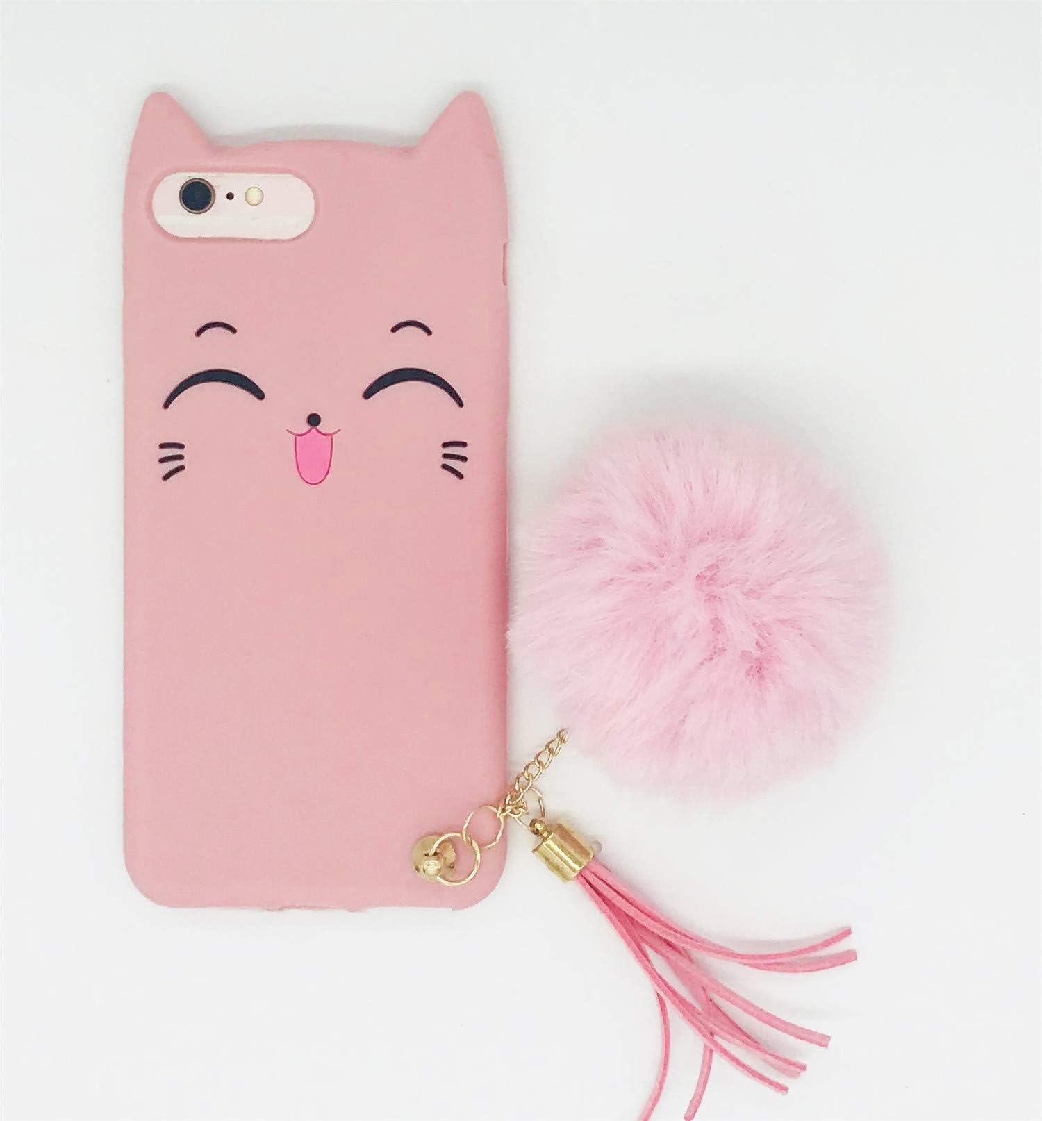 iPhone 7 Plus Case, iPhone 8 Plus Silicone Case, Fashion Cute 3D Pink Meow Party Cat Kitty Kids Girls Lady Protective Cases with Pompom/Strap Soft Case Skin for Apple iPhone 7 Plus and iPhone 8 Plus