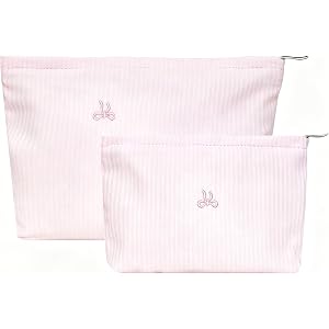 Wudygirl 2 Pcs Travel Makeup Bag Pink Striped Bow | Cosmetic Bag for Women, Cute Bow Makeup Pouch Portable Travel Handbag for