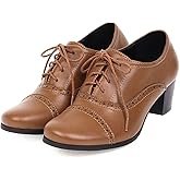 SHEMEE Women's Chunky Lace Up Vintage Oxfords Dress Pumps Round Toe Block Mid Heels Retro Brogues Shoes