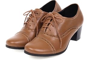 SHEMEE Women's Chunky Lace Up Vintage Oxfords Dress Pumps Round Toe Block Mid Heels Retro Brogues Shoes