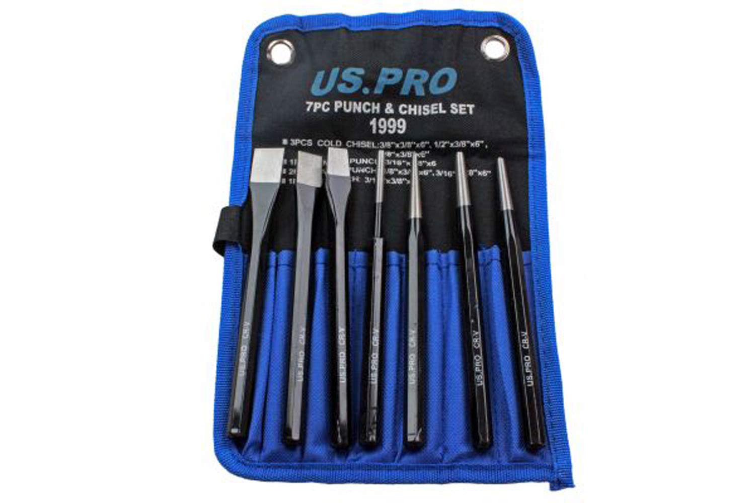 7 Piece Punch and Chisel Set Chrome Vanadium Steel in Canvas Pouch