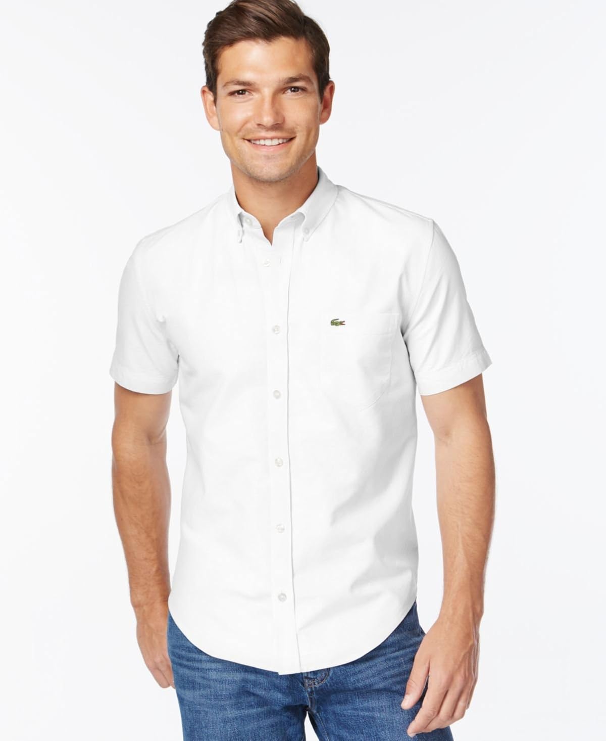 Lacoste Men's Short Sleeve Oxford Regular Fit Button Down Woven Shirt, White/White, 40 at Amazon 