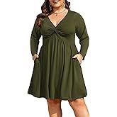 Manllenshie Womens Plus Size Dress Roll up Long Sleeve Casual Deep V Neck Twist Knot Front Flowy Dresses with 2 Pockets