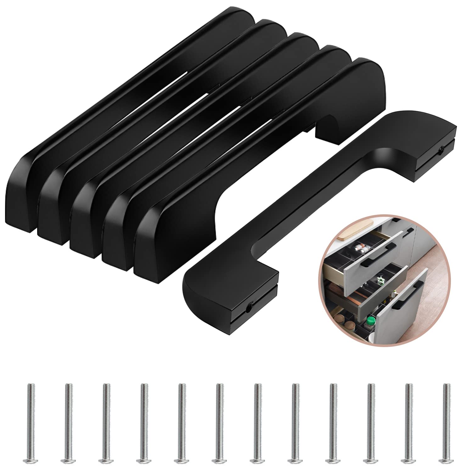 Lxoraziy 6 Pack Kitchen Door Handles, 128mm Hole Centre Flat Black Cabinet Handles, Aluminum Alloy Furniture Drawer Pulls (Screws Included)