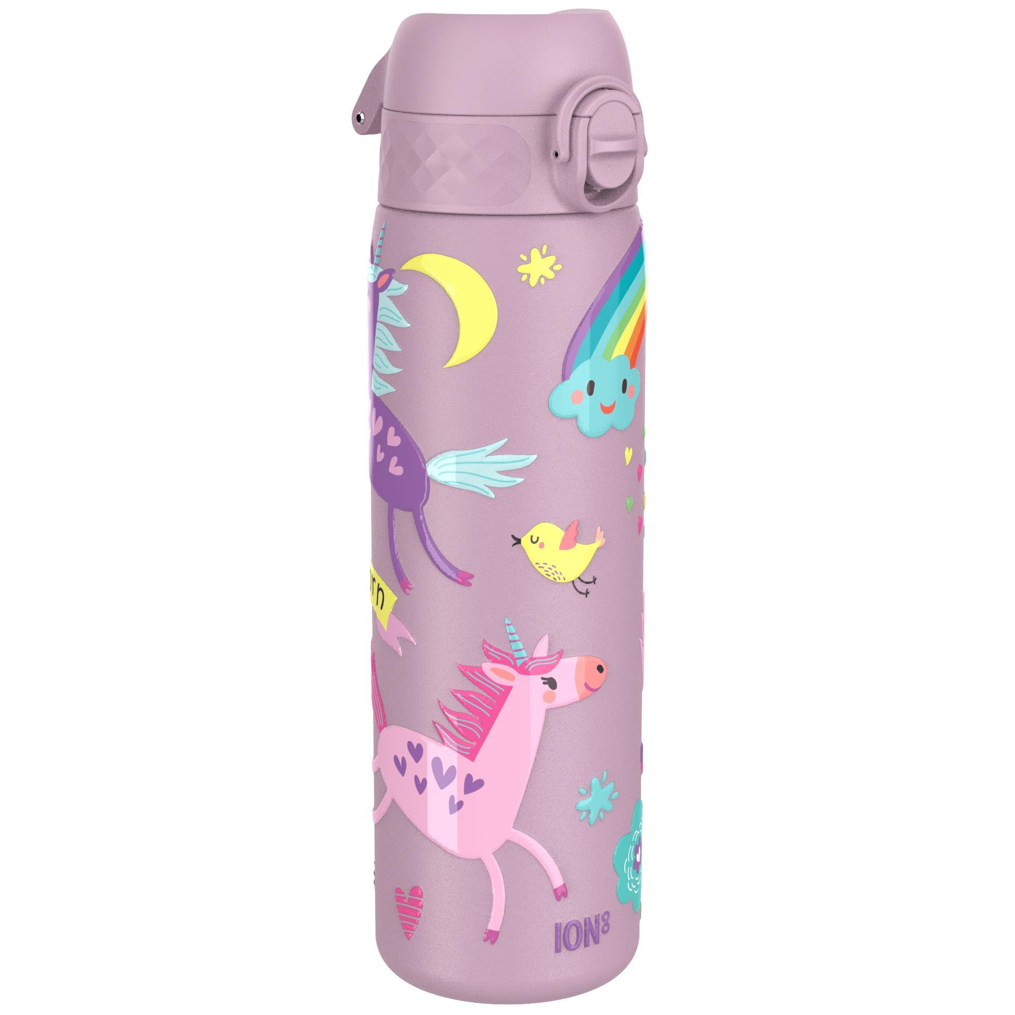 Ion8 Vacuum Insulated Steel Water Bottle, 500 ml/17 oz, Leak Proof, Easy to Open, Secure Lock, Dishwasher Safe, Fits Cup Holders, Carry Handle, Scratch Resistant, Metal Water Bottle, Lilac Unicorns