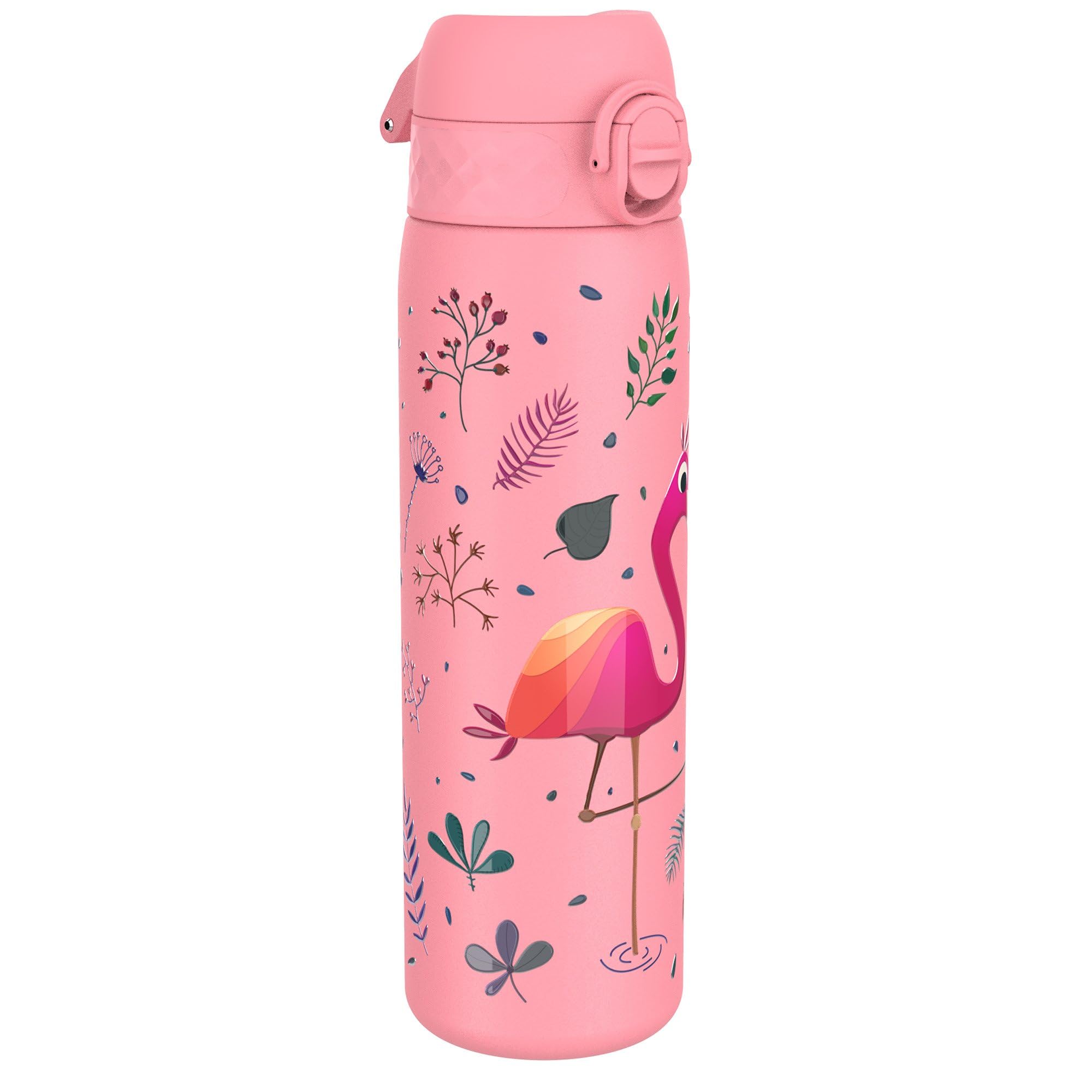 Ion8 Steel Water Bottle, 600 ml/20 oz, Leak Proof, Easy to Open, Secure Lock, Dishwasher Safe, Flip Cover, Fits Cup Holders, Carry Handle, Durable, Metal Water Bottle, Raised Print, Flamingo