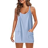 Panadila Womens Summer Sleeveless Mini Dress V Neck Spaghetti Strap Sundress Athletic Short Dress with Pockets
