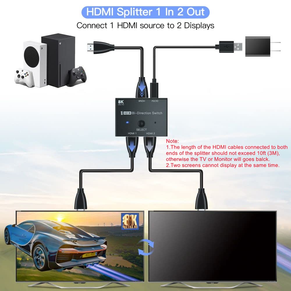 8K HDMI Switch, HDMI Switcher 1 in 2 Out or 2 in 1 Out, HDMI 2.1 Switch Support 8K@60hz and 4K@120hz, Compatible with Xbox X, PS5, Blu-Ray Player, 8K UHD TV, Monitor and Projector