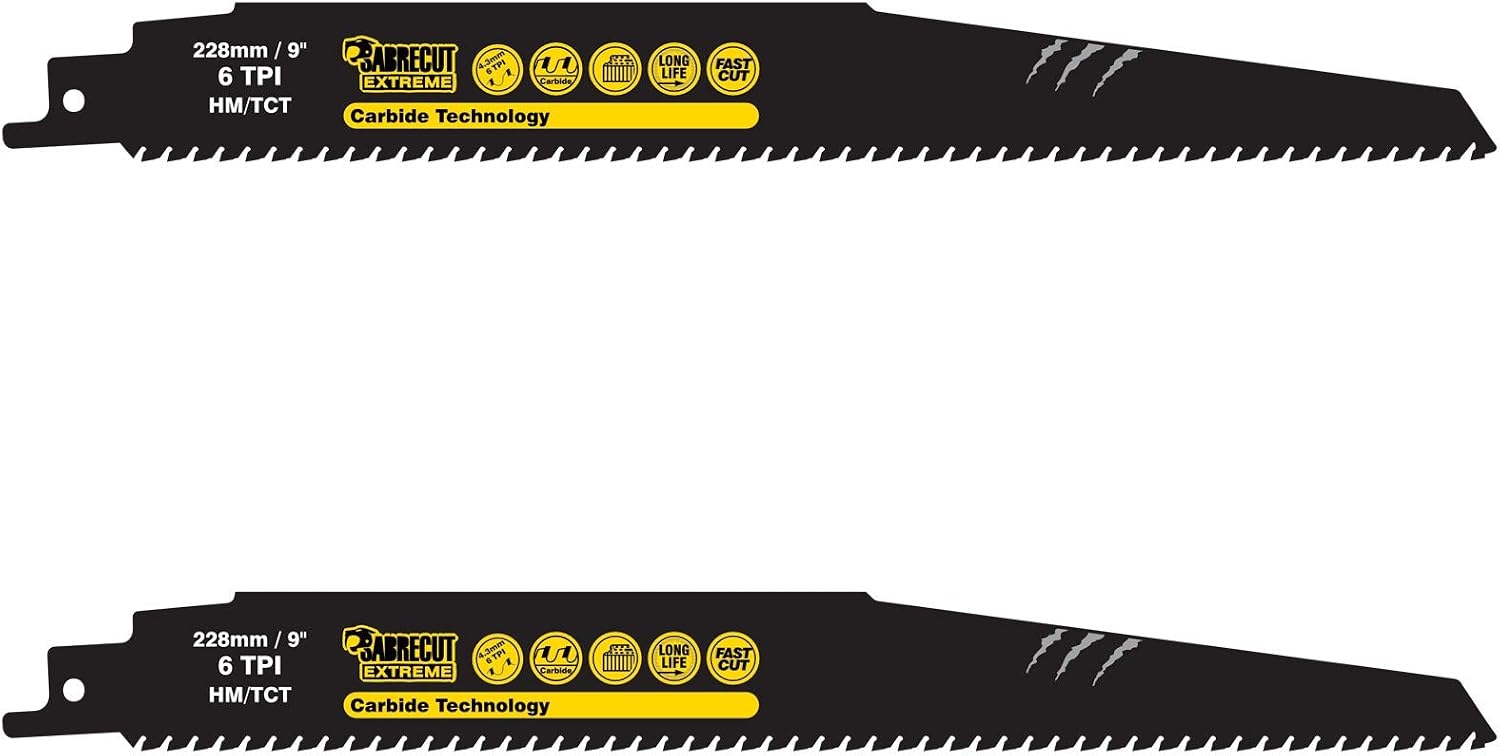 2 x SabreCut SCRS1140HM_2 Tungsten Carbide 228mm 6 TPI S1140HM Aerated Concrete Brick Plastic and Metal Straight Cutting Reciprocating Sabre Saw Blades