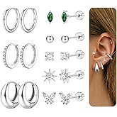 FUNRUN JEWELRY Hypoallergenic Gold Studs Earrings for Women Flat Back Stud Cartilage Earring Set Surgical Steel for Sensitive Ear 14K Gold Small Huggie Hoop Flatback Earrings for Helix Piercing Jewelry