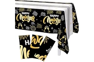 AIBIIN 3 Pack New Years Tablecloths Happy New Year Plastic Tablecloth Set Black and Gold Disposable New Year's Table Cloth Cover Rectangle for 2026 New Years Eve Party Supplies Decorations 108x54 Inch