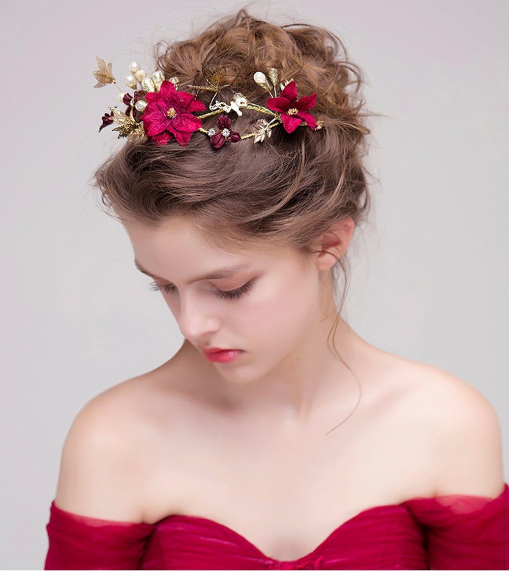 Golopoo Handicrafts Red Flower Crown Bridal Pearl Headbands Wedding Hair Accessories Gold Bow Hairbands Filigree Jewelry Findings Tiara for Women Headpieces Bridesmaid Headress (Red)