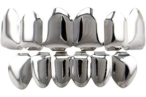 ACFUN 24K Gold Plated Hip Hop Teeth Grillz Punk Custom Fit Polished Teeth Grillz Caps Top & Bottom Grill Set with 2 Silicon Molding Bars Removable Grills For Women Men Gift Halloween Party