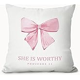 LIANGW Pink Coquette Bow Proverbs 31 Bible Pillow Covers 18x18, Preppy Room Dorm Decor, She is Worthy Religious Christian Decorative Throw Pillow Covers Pillowcases for Girls Bedroom Decor
