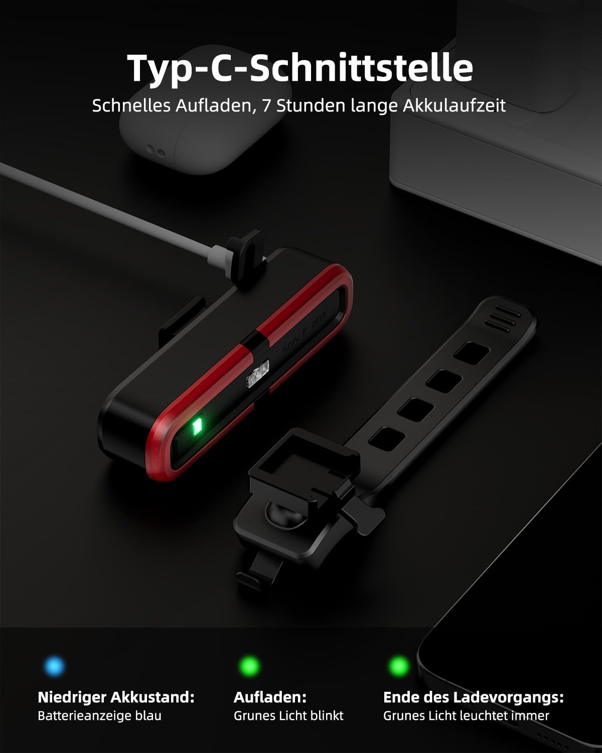 OnMeto Fahrrad Rücklicht, Led Rücklicht Fahrrad USB Type-C Wiederaufladbares Fahrradlicht hinten Rücklicht Ebike IPX5 Wasserdicht für Rennrad, MTB, E-Bike (Schwarz) 7