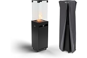 Planika Faro 41,000 BTU Propane Patio Heater 59" Modern Freestanding Glass Tower with Wheels, Smokeless 360° Flame, Cover & Regulator Included for Commercial & Residential Outdoor Spaces