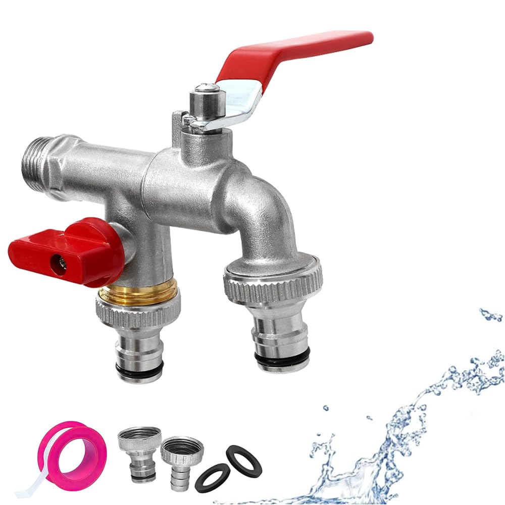 Brass Double Water Tap - 1/2 inch Outside Tap with Red Faucet and 2X3/4 inch Outlet Double Tap Ball Valve for Gardens Washing Machines Terraces Lawns