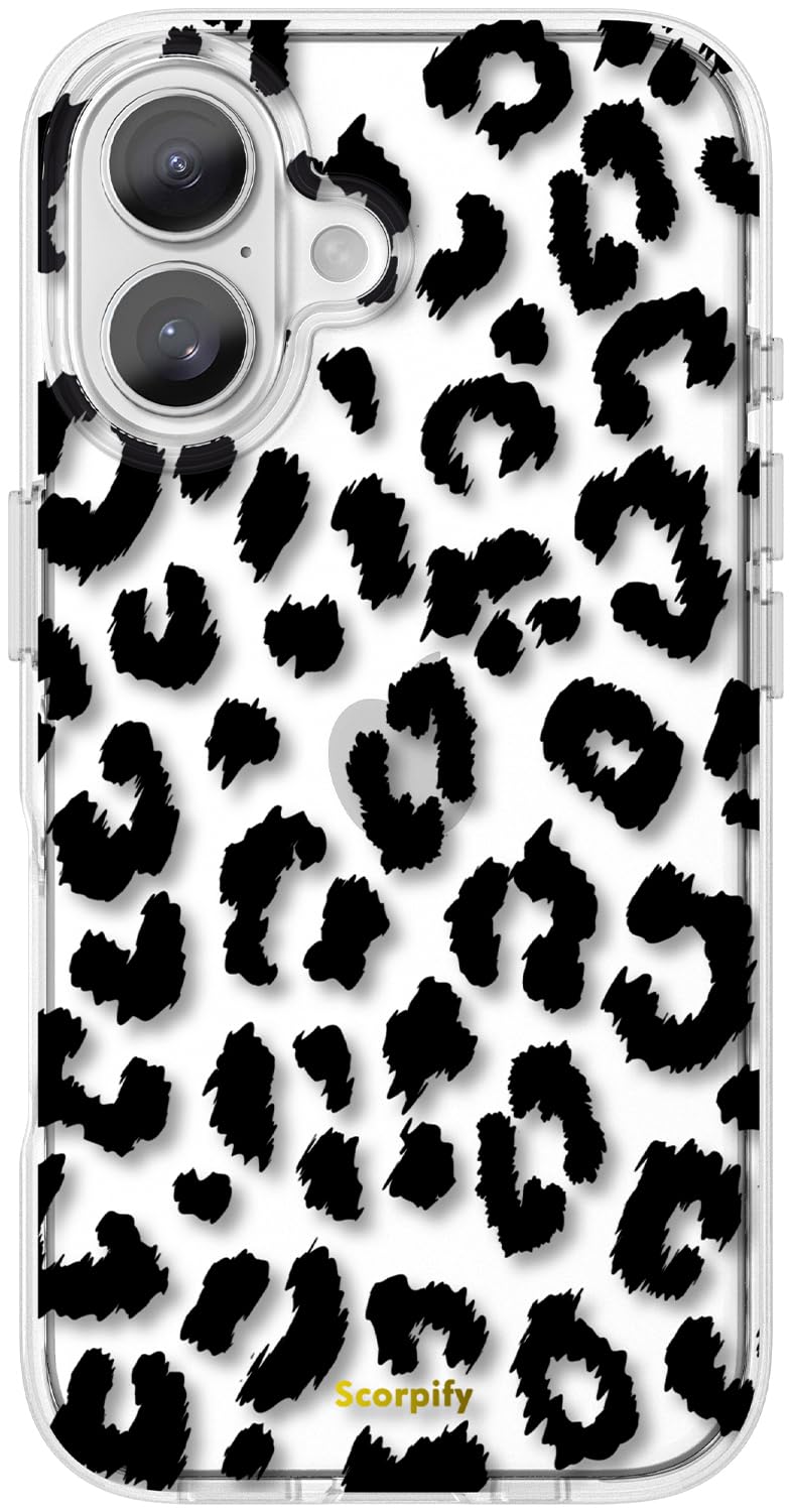 SCORPIFY for iPhone 16 Case with Black Clear Leopard Cheetah Design, Cute Clear Phone Cover for Women Girls, [10FT MIL-Grade Drop Protection] [Non Yellowing] Slim Bumper with Stylish Pattern