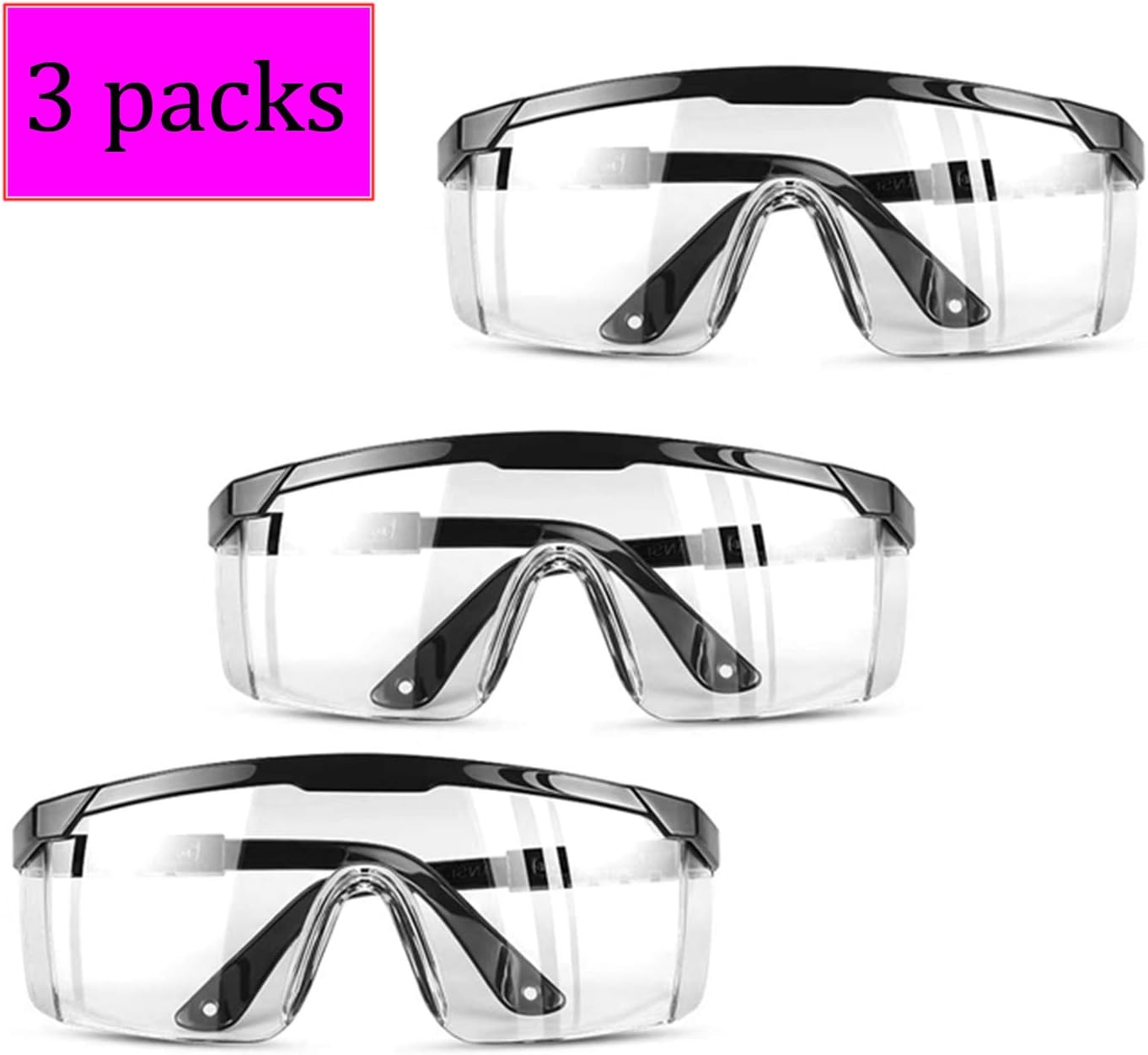eLUUGIE 3 Packs Premium Anti Fog Safety Goggles Over glasses Protective Glasses Safety Glasses Perfect Eye Protection for Workplace Safety Protective Goggles (Black-Frame)