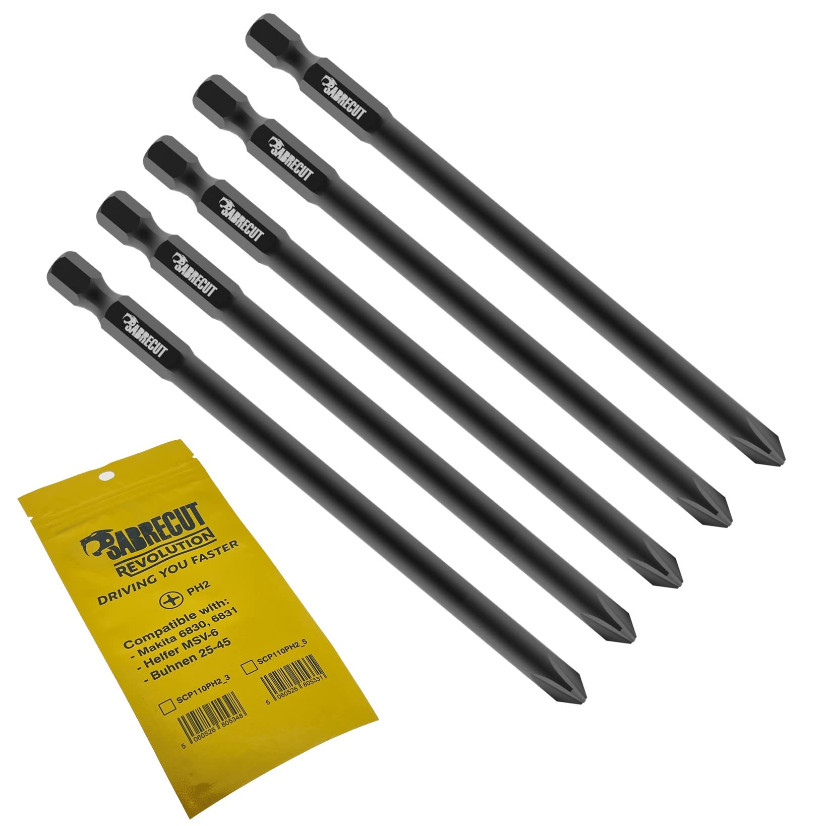 5 x SabreCut SCP110PH2_5 110mm PH2 Compatible with Makita 6830 6831 P-43898 and Helfer MSV-6 Buhnen 20-45 Autofeed Collated Drywall Screwdriver Gun Bit Single Ended Phillips No.2 Heavy Duty