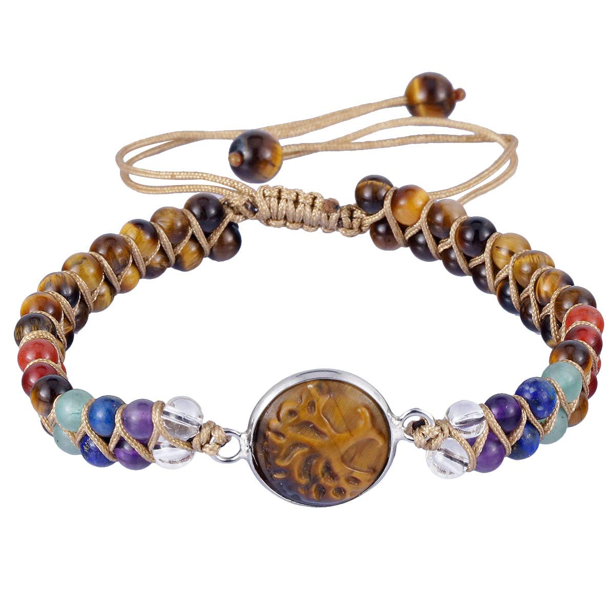 Nupuyai Tree of Life 7 Chakra Stone Bracelet for Women and Men, Hand Woven Adjustable Healing Crystals Beads Bangle for Unisex 18 centimeters brown