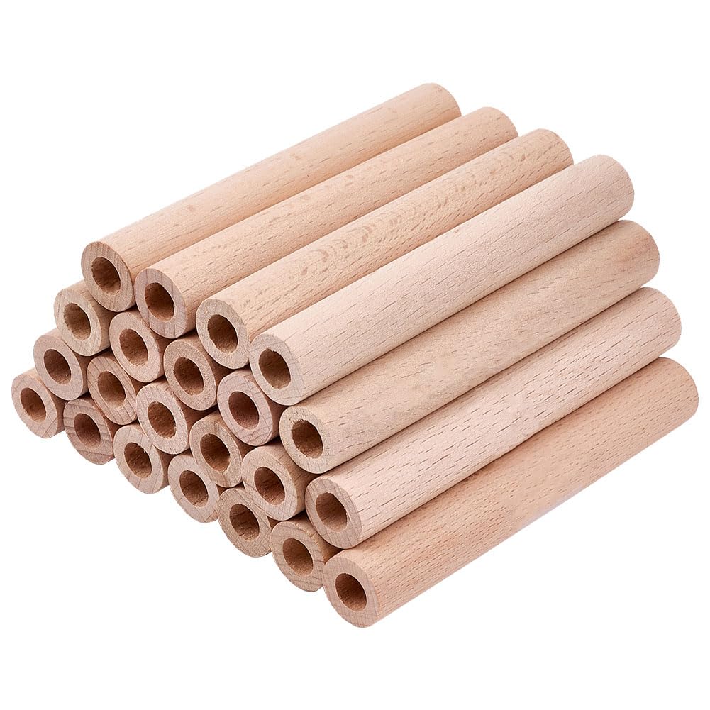 OLYCRAFT 24pcs 10x1.5cm Hollow Beech Wood Sticks - Round Wooden Dowel Rods with 8mm Hole - Unfinished Natural Wood Rods for DIY Crafts & Arts Projects