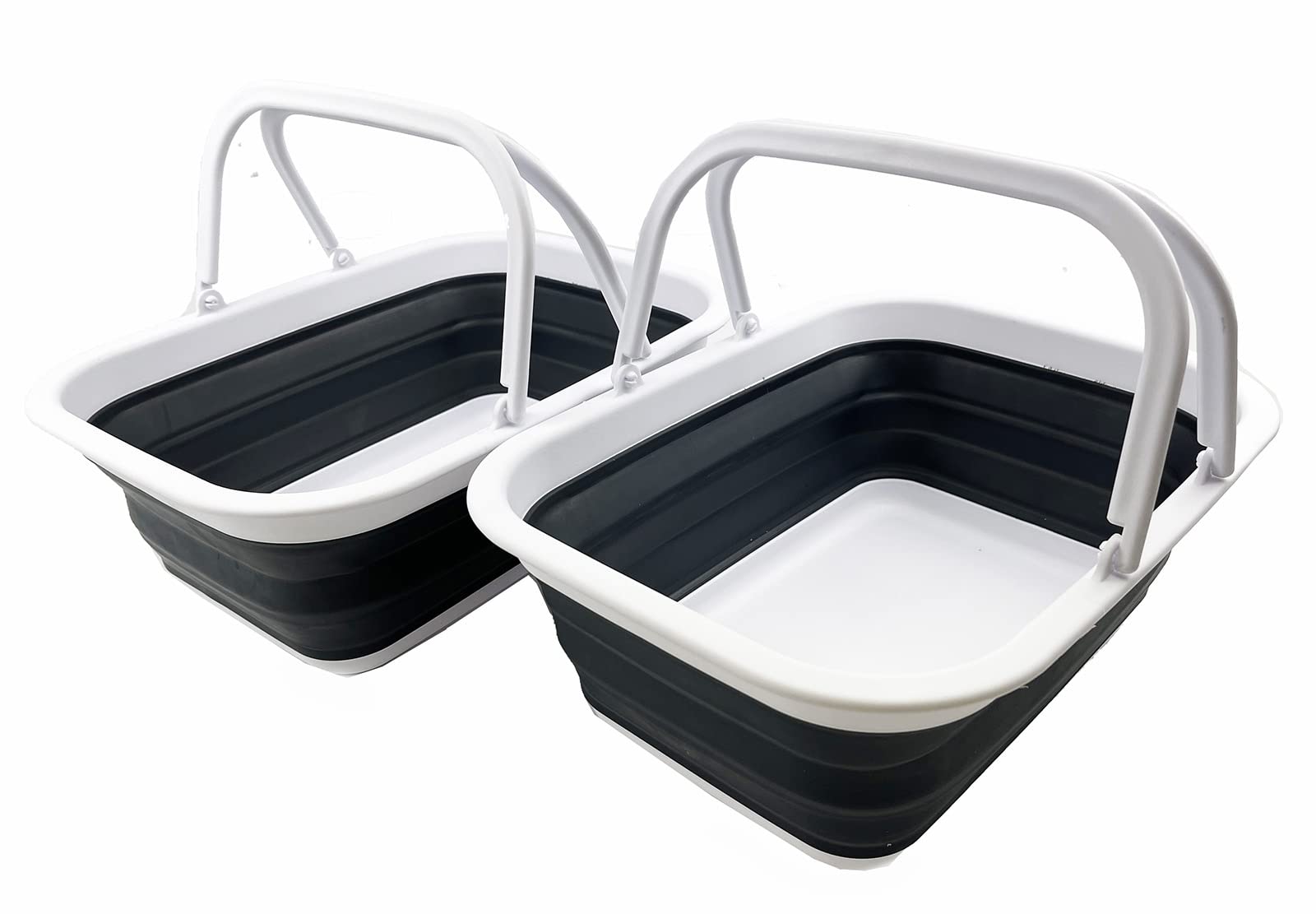 SAMMART 9.2L Set of 2 Collapsible Tub with Handle - Portable Outdoor Picnic Basket/Crater - Foldable Shopping Bag - Space Saving Storage Container (White/Charcoal Black)