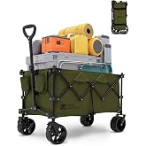 MOBI GARDEN 330Lbs Collapsible Folding Wagon Cart with Wheels 190L Capacity | Portable Utility Beach Wagon with Adjustable Handle and All-Terrain Wheels for Family Camping, Grocery, Shopping, Khaki Green