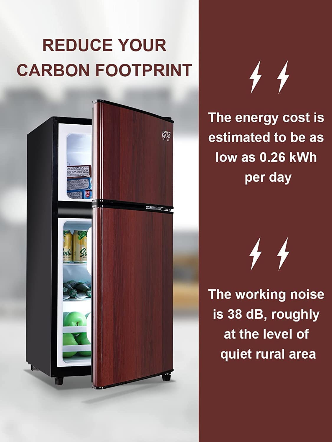 KRIB BLING Mini Fridge With Freezer,Compact Refrigerator With 2 Doors,7- Level Adjustable Thermostat, Removable Glass Shelves For Bedroom, Office, Kitchen, Apartment, Dorm,3.5 Cu. Ft Wood