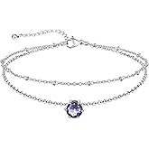 U7 Silver Ankle Bracelet for Women, Waterproof Layered Ankle Round Gem Birthstone Anklets, Summer Beach Foot Jewelry, Adjustable 8.5"-10.5"