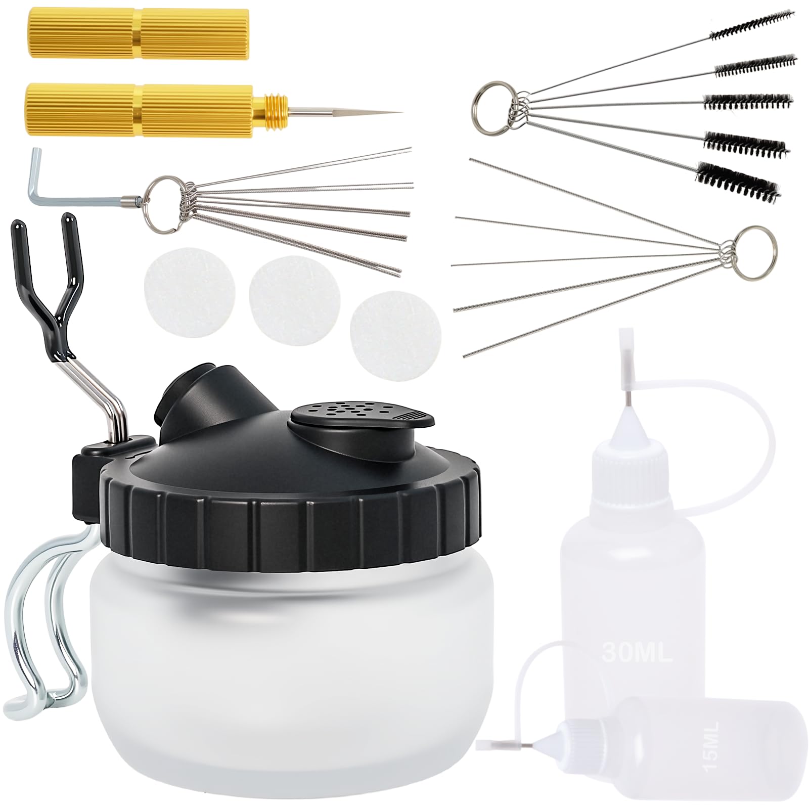 Poweka Airbrush Cleaning Set with 5 Cleaning Brushes, 5 Cleaning Needles, Reamer, Airbrush Cleaning Pot, Airbrush Cleaner, Dropper Bottles