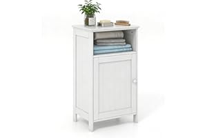 COSTWAY Single-Door Floor Cabinet, Compact Bathroom & Side Storage Organizer with Adjustable Shelf, Anti-Tip Safety, and Open