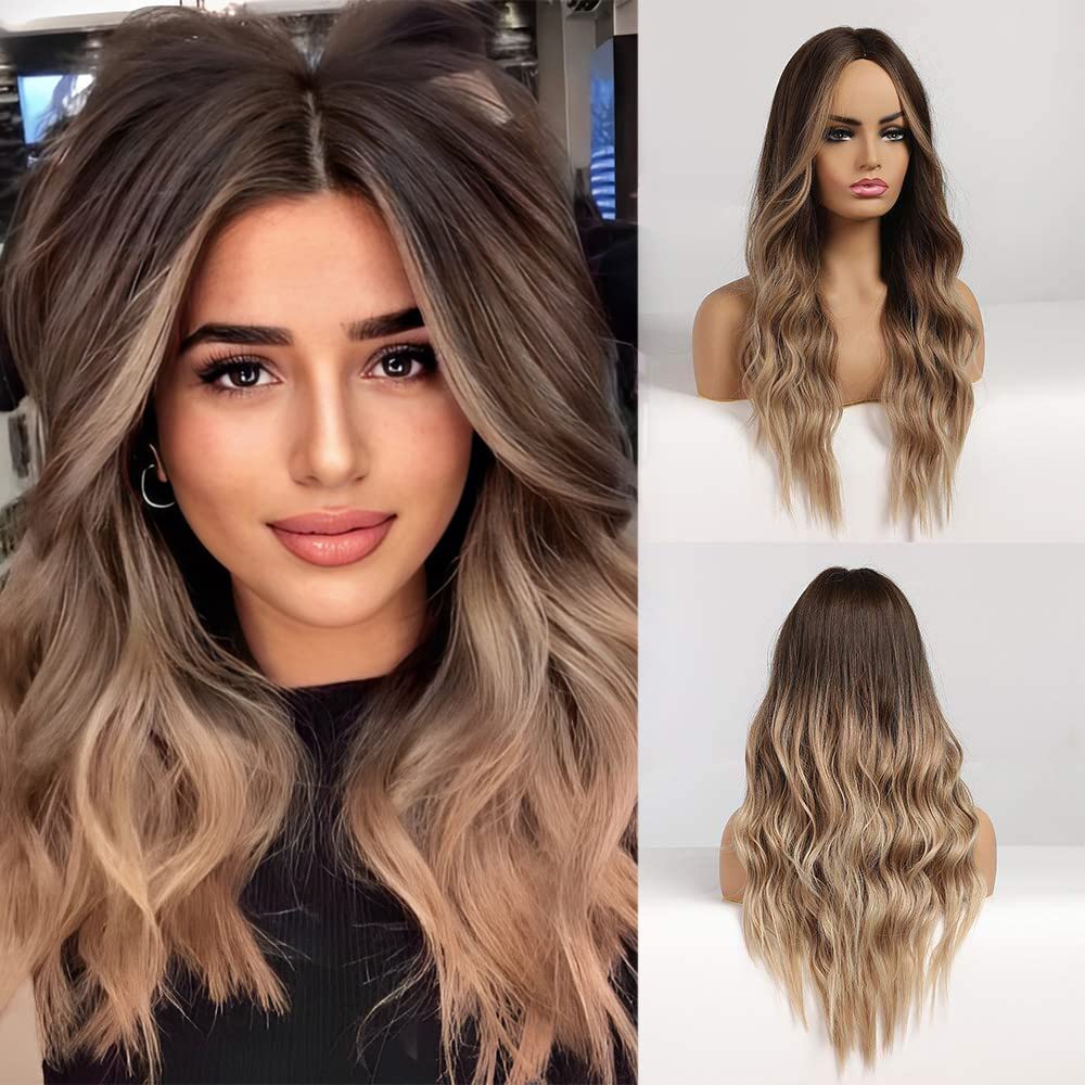 HAIRCUBE Omber Brown Wig Middle Parting Long Curly Women's Wigs 24 Inch Wigs for Women Natural Looking Synthetic Wigs