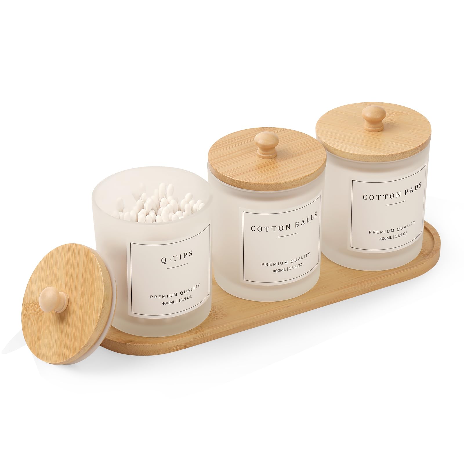 Photo 1 of 3 Pack Qtip Holder - Bathroom Organizers and Storage, Cotton Round Holder Cotton Swab Dispenser Cotton Ball Holder with Tray, Glass Apothecary Jars with Lids, Bathroom Containers for Floss Pick