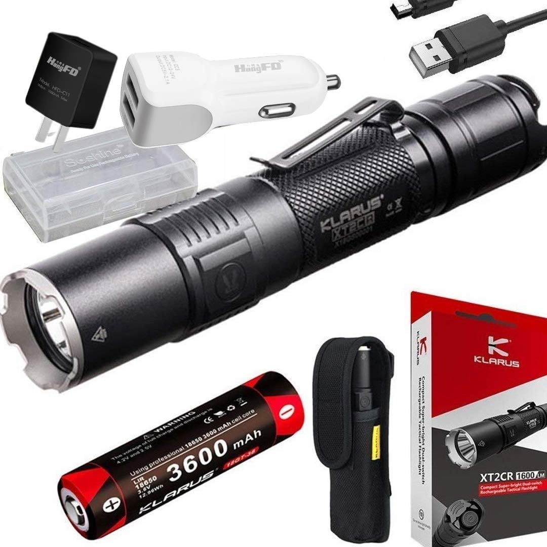 Klarus XT2CR CREE XHP35 HD E4 LED Flashlight 1600 lumens with Battery,Holster,USB Cable,Adapter, car Charger,Battery case