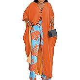 LROSEY Spring African 2 Piece Outfits Caftans for Women Floral V Neck Long Cardigan Cover Up Wide Leg Pants Sets Plus Size