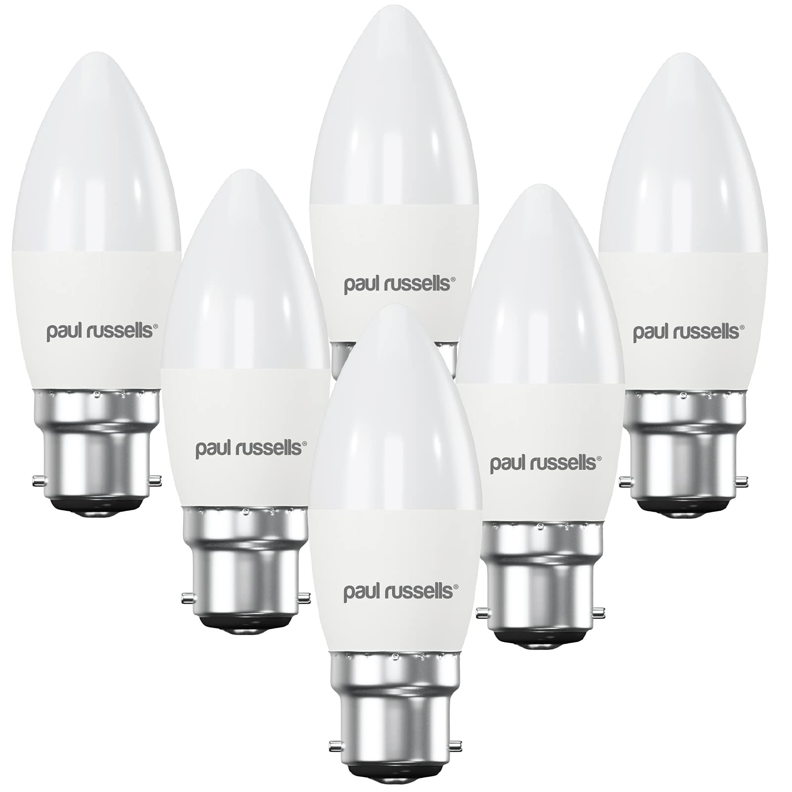 paul russells LED Light Bayonet Cap B22, 40watt Equivalent, 4.9W 470LM LED Bulbs, 4000K Natural Cool White, Frosted C35 BC Candle Energy Saving Non-Dimmable Chandelier Lightbulbs, Pack of 6