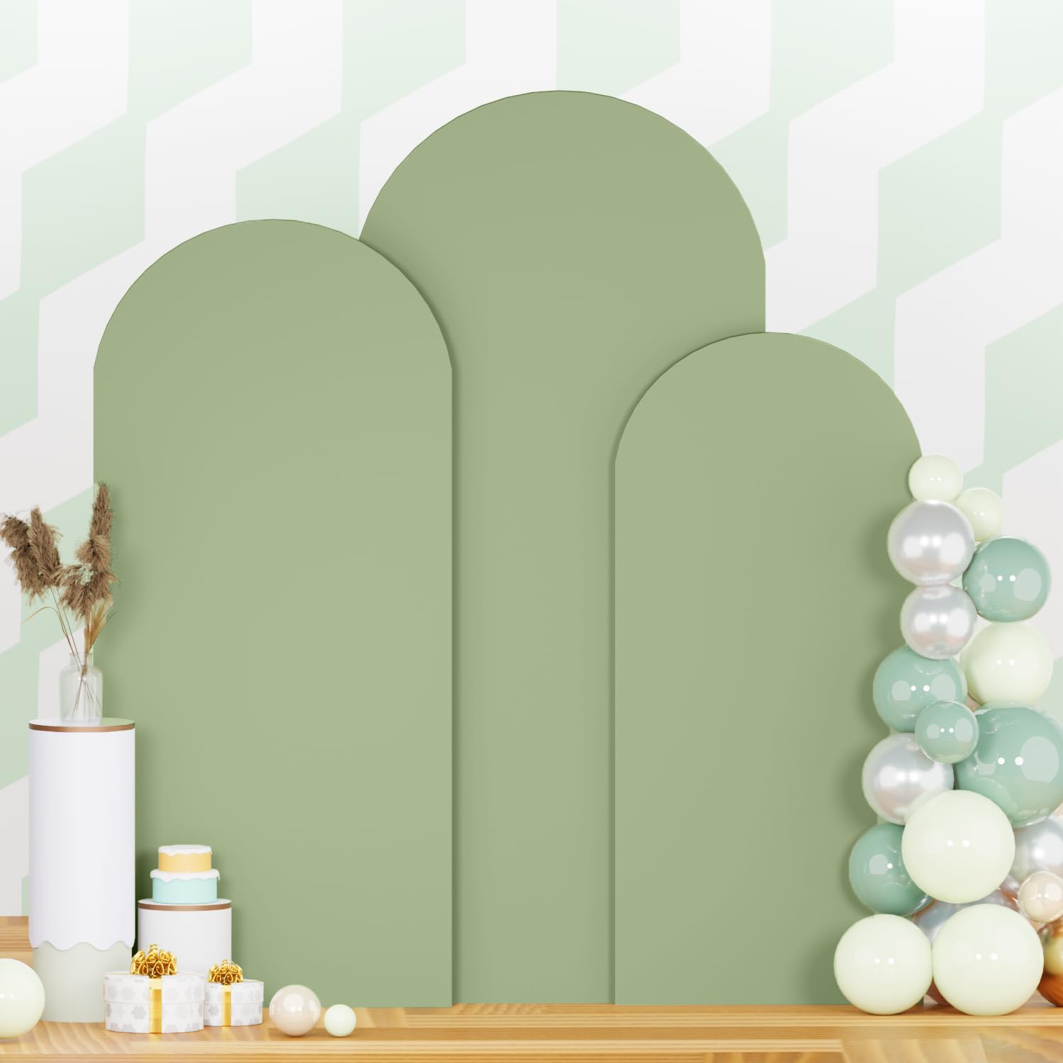 Photo 1 of PATYDEST 6FT 6.6FT 7.2FT Wedding Arch Cover Set of 3 Sage Green Arch Covers Stretchy Backdrop Round Top Chiara Spandex Arched Backdrop Cover for Birthday Balloon Party Banquet Event Ceremony Decor