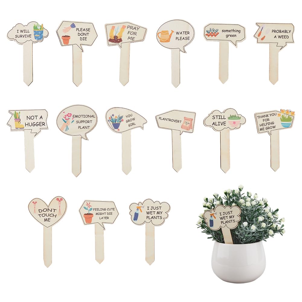 Hobbspring 15pcs Funny Wooden Plant Markers T-Type Garden Labels with Stable Sharp Bottom