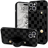NITITOP Compatible with iPhone 14 Pro Max Case with Wrist Strap Kickstand Cute Trendy Checkerboard Plaid for Women Girls Slim Fit TPU Silicone Shockproof Full Camera Protective Cover - Black