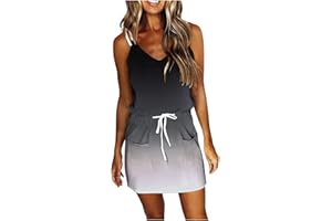 Qeaghou Summer Dresses for Women 2024 Casual Loose Sling V Neck Mini Dress Trendy Striped Drawstring Sundresses with Pockets