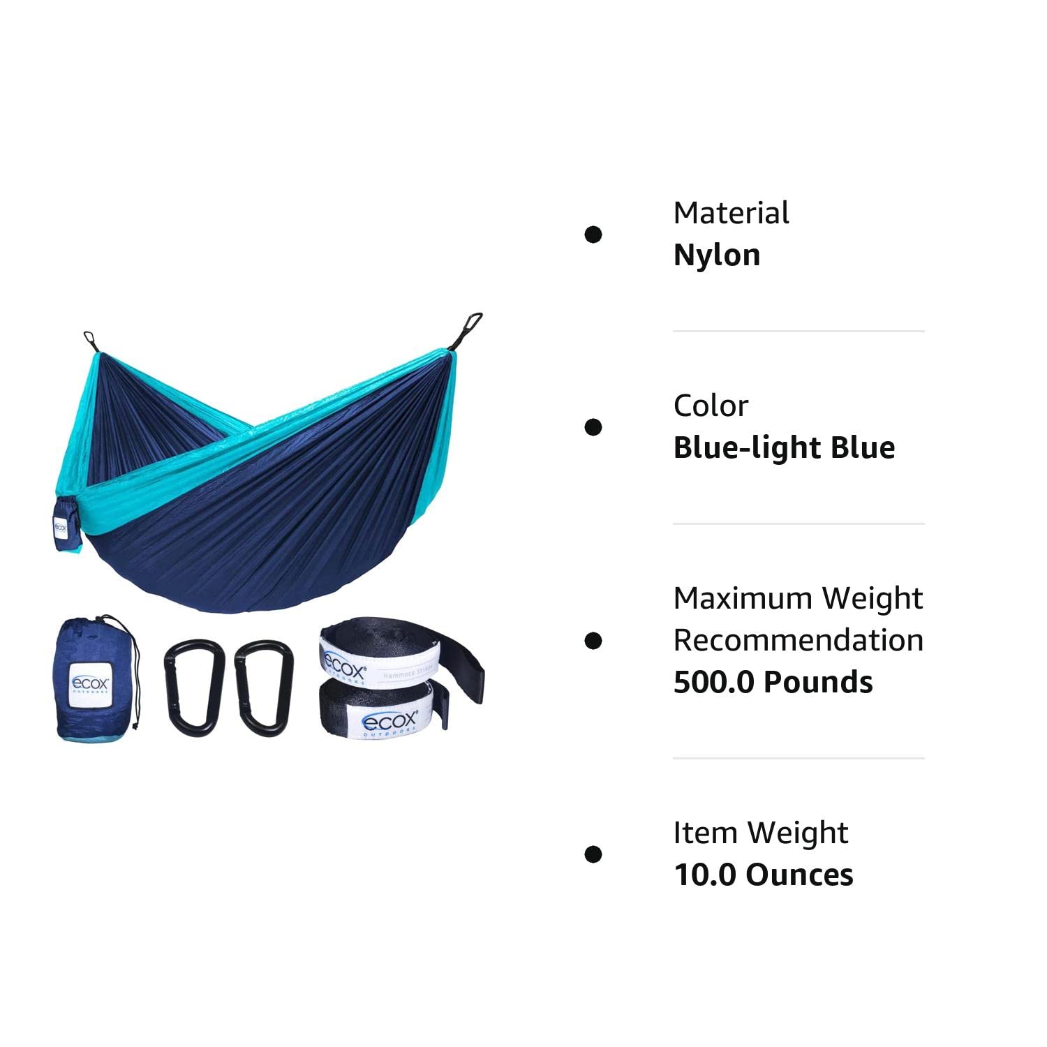 ecox Outdoors Parachute Hammock Single with 2 Tree Straps, Portable Lightweight Nylon Comfortable for Backpacking, Camping, Travel, Beach, Backyard, Patio, Hiking