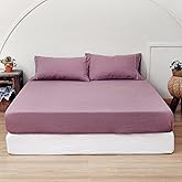 King Linens 100% Linen Fitted Sheet Stone Washed Solid Color - (1 Piece) 14 inch Deep Pocket Mattress Cover Soft Natural Breathable Farmhouse - Purple, King Size