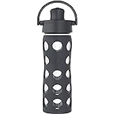 Lifefactory 16-Ounce Glass Water Bottle with Active Flip Cap and Protective Silicone Sleeve, Carbon