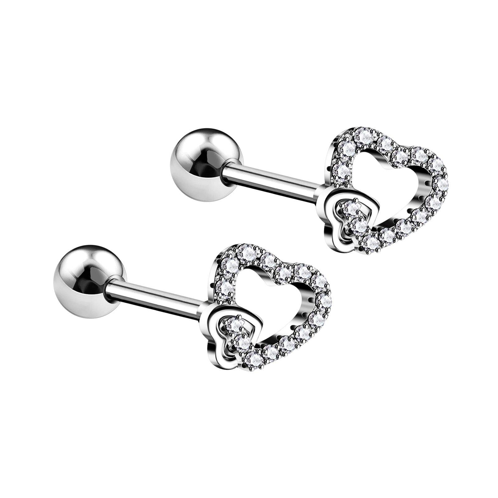 BanaVega 2PCS Steel Micro Heart in Heart Clear Crystal Stud 16g 1/4 6mm Tragus Cartilage Helix Earrings Piercing Jewellery 5721