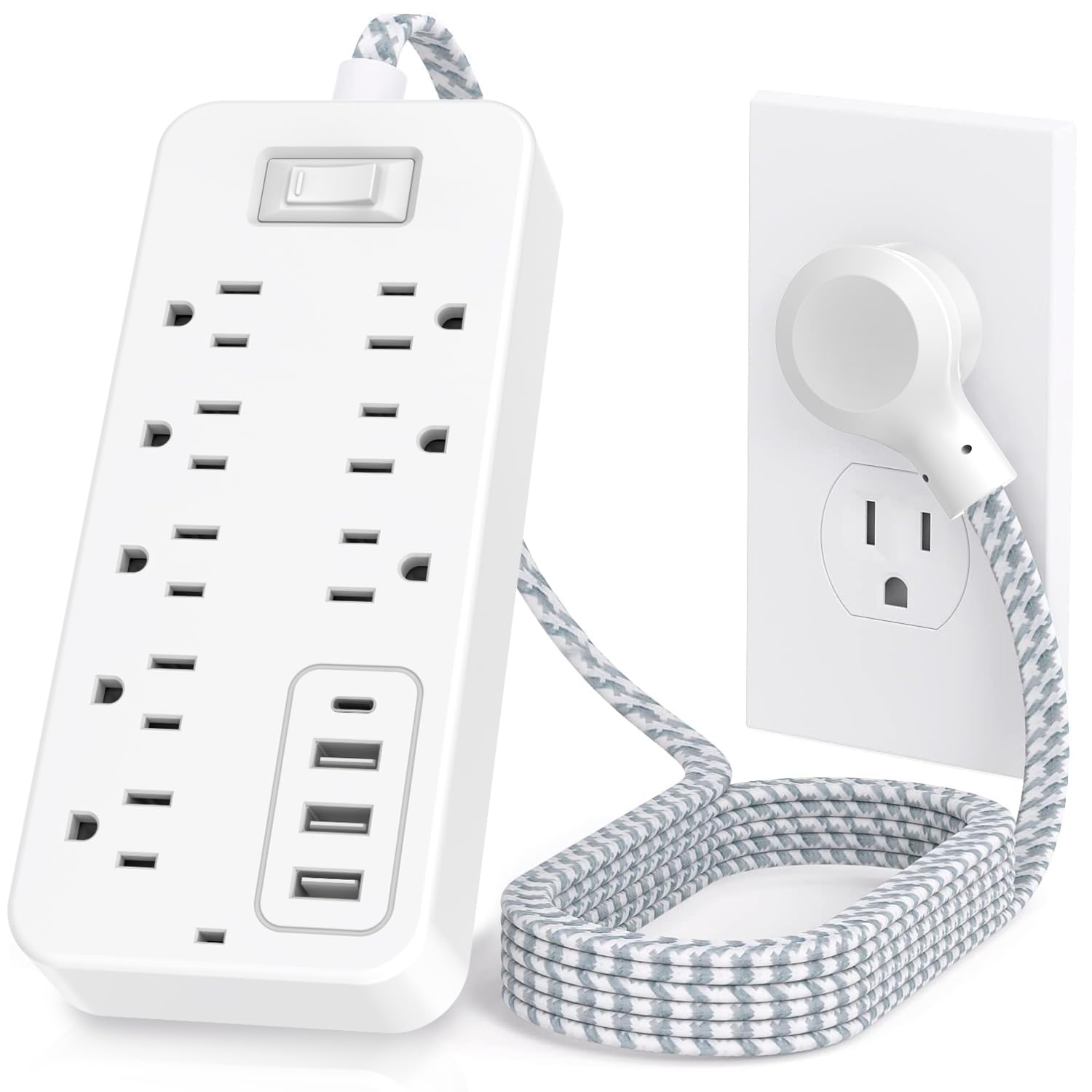 Power Strip Power Bar, Muti-Outlets Ports Desktop Charging Station, Flat Plug Overload Surge Protection Outlet Strip, USB Ports, Extension Cord, Wall Mount, Night Light Station Socket,for Home,Office