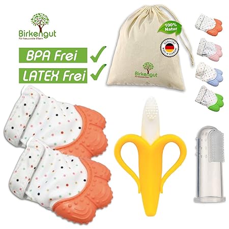 BEIßRING HANDSCHUHE SET | Für Babys Banane Giraffe Fäustlinge JETZT auch knisternd Babyzahnbürste Fingerzahnbürste aus Siliko