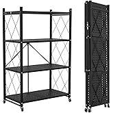 Lifetime Home 4-Tier Foldable Storage Shelf with Wheels - Metal Rack Collapsible Shelving Unit Display, Rolling Cart for Books Kitchen Storage Shelves, Pantry & Closet Organizer, Office Room Decor